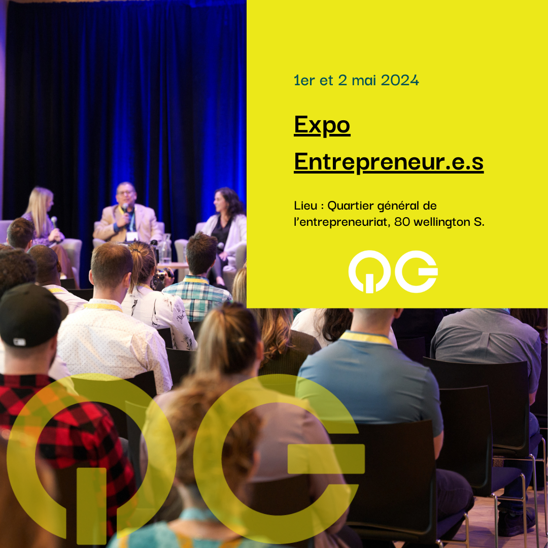 Photo d'une salle avec un panel de discussion et des entrepreneur.es présentant les dates du prochain Expo entrepreneur.es de Sherbrooke les 1er et 2 mai 2024